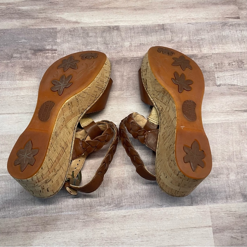 Born Laurene In Saddle Brown Braided Leather Cork Wedge Sandals Size 7 - Picture 9 of 12
